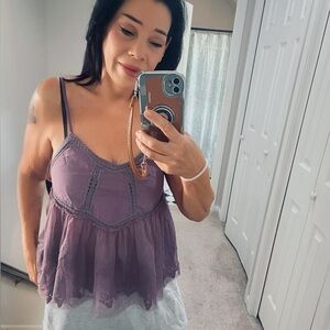 Listicle brand new mesh overlay violet babydoll style top